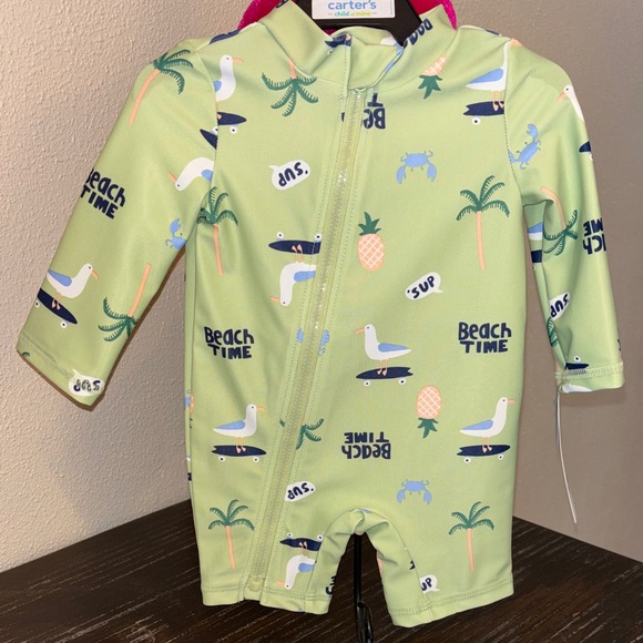 Carter's Other - Carter's Lime Green 'Beach Time' Long-Sleeve Rashguard One-Piece